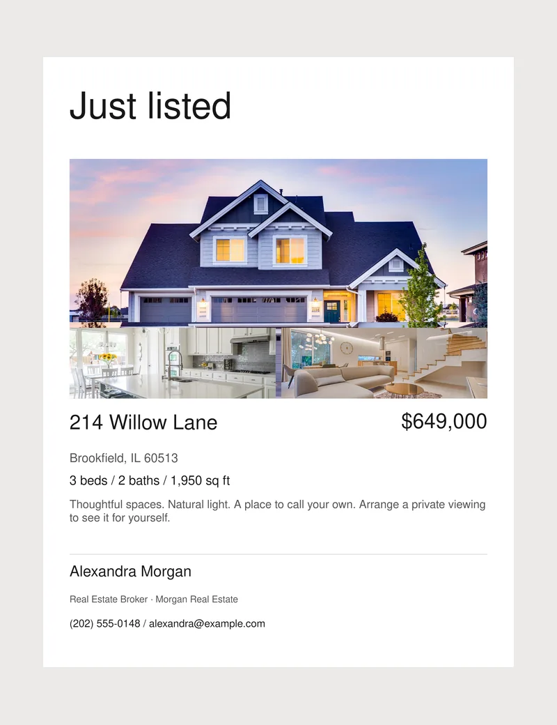 Minimal Letter-size property flyer concept with house photography and a sample agent contact block