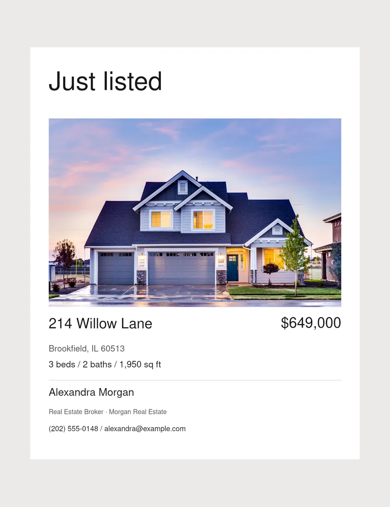 Editorial listing post concept with a real home photograph, property details and sample agent branding