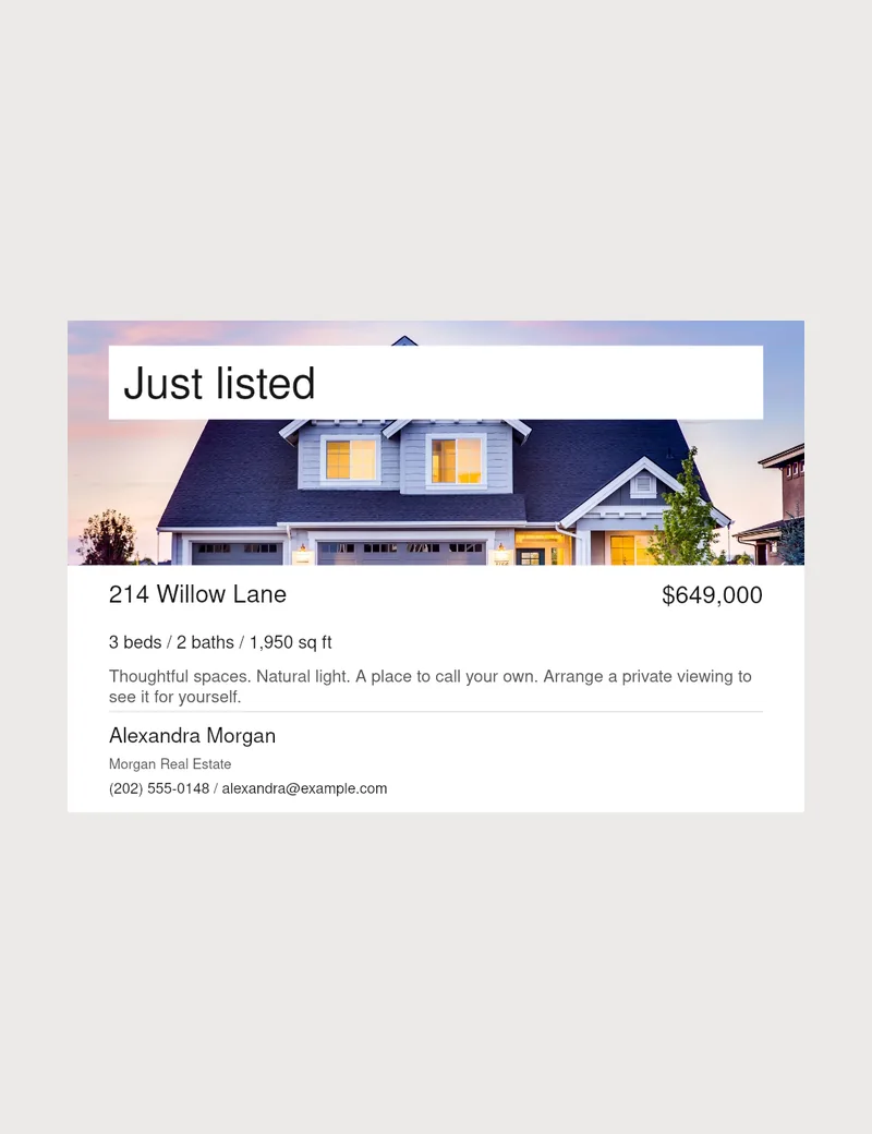 Editorial real estate postcard concept with a real house photo and sample listing information